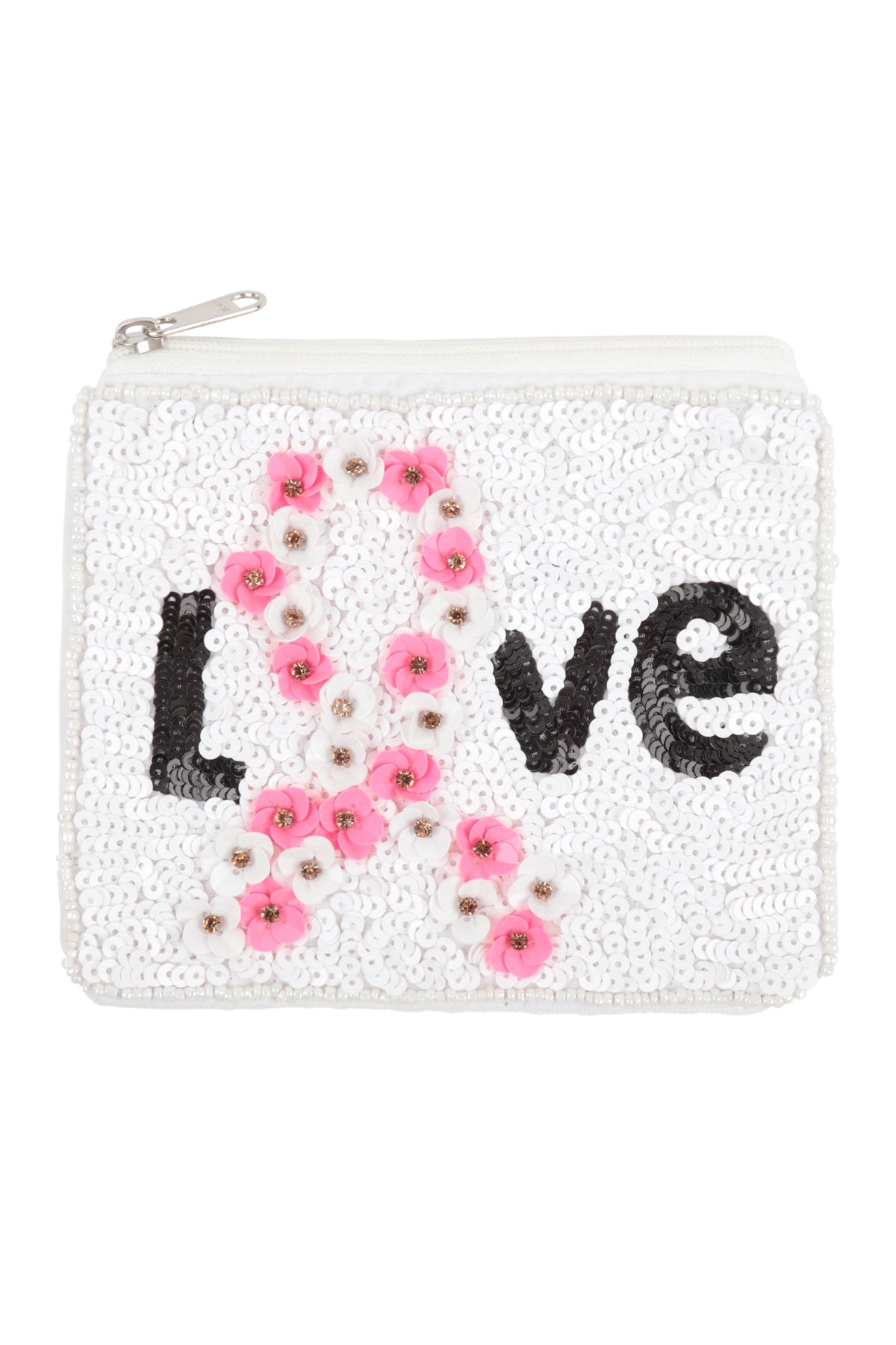 Beautiful Love Pink Ribbon Awareness Coin Pouches with Flowers and Sequins in White - Set of 6 Pieces