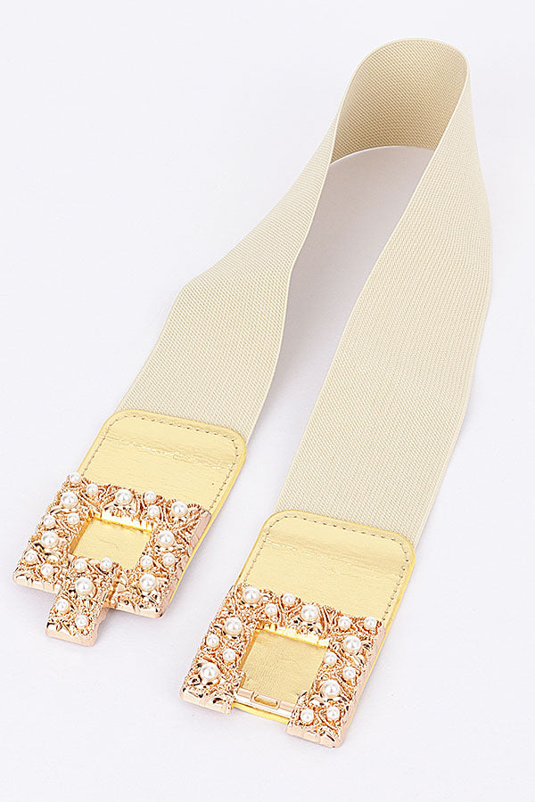 Set of 6 Pieces of 9088 Gold Pearl Metal Buckle Elastic Belts