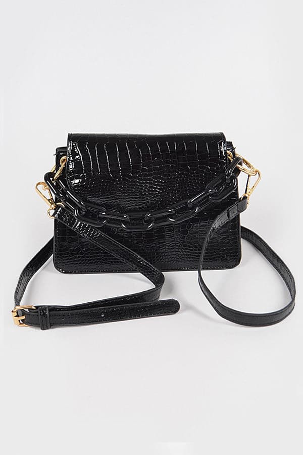 Set of 3 Shiny Black Faux Croc Plastic Chain Clutches - 8543