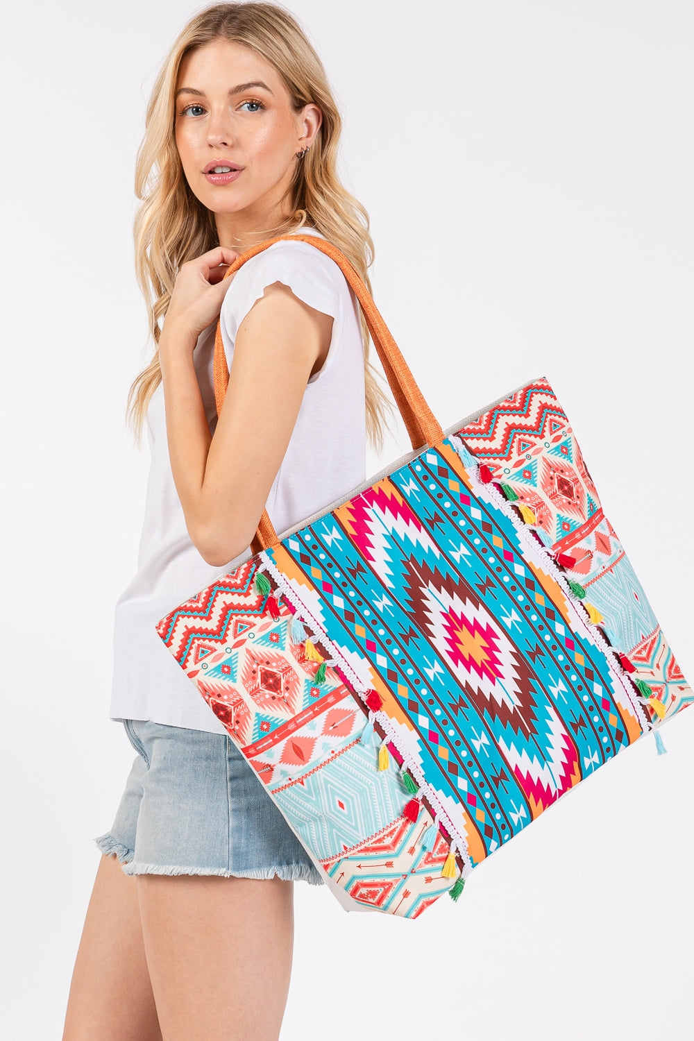 Pack of 6 Orange Bohemian Print Fringe Tote Bags with Zipper Closure and Inner Pocket