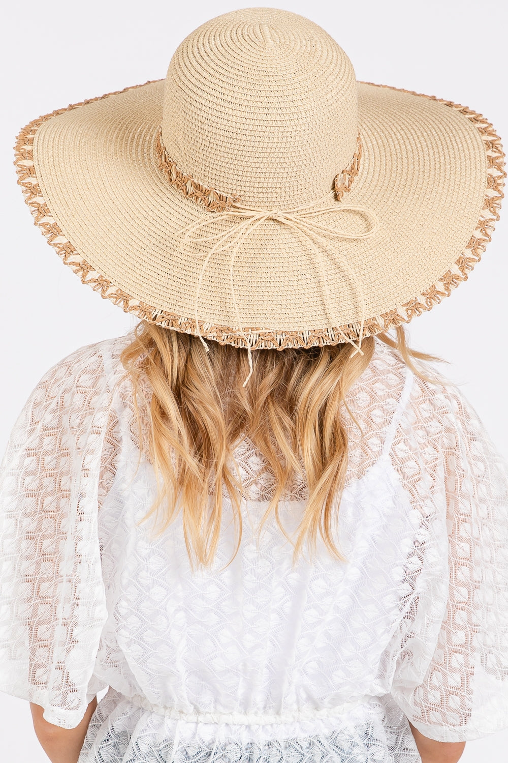 Beige Wide Brim Floppy Straw Hat with Edge and Woven Details - Pack of 6
