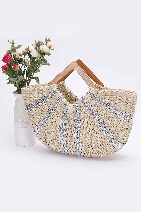 Set of 3 Handmade Faux Straw Metallic Stripe Wooden Handle Bags in Ivory Color (2511)