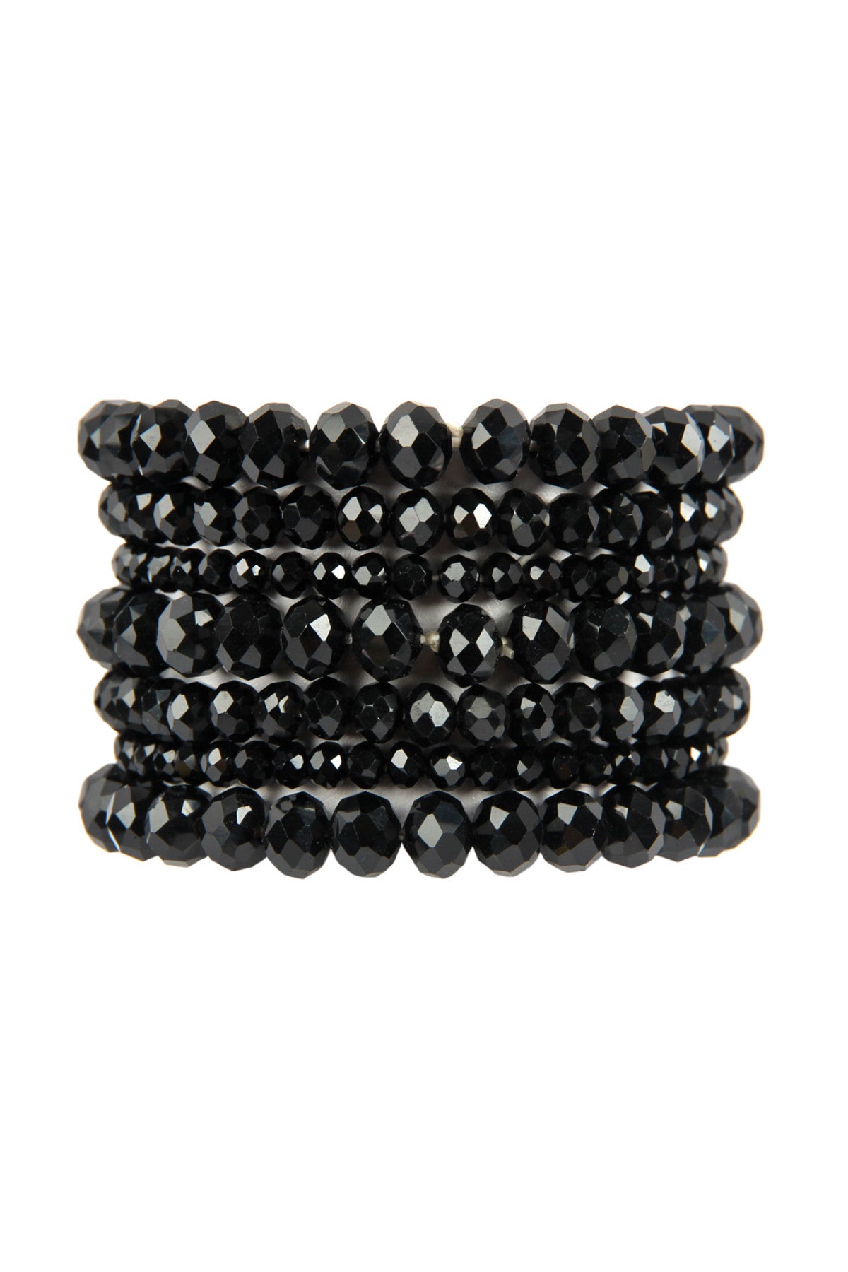 Pack of 6 Jet Black Glass Beads Stretch Bracelet with Seven Lines