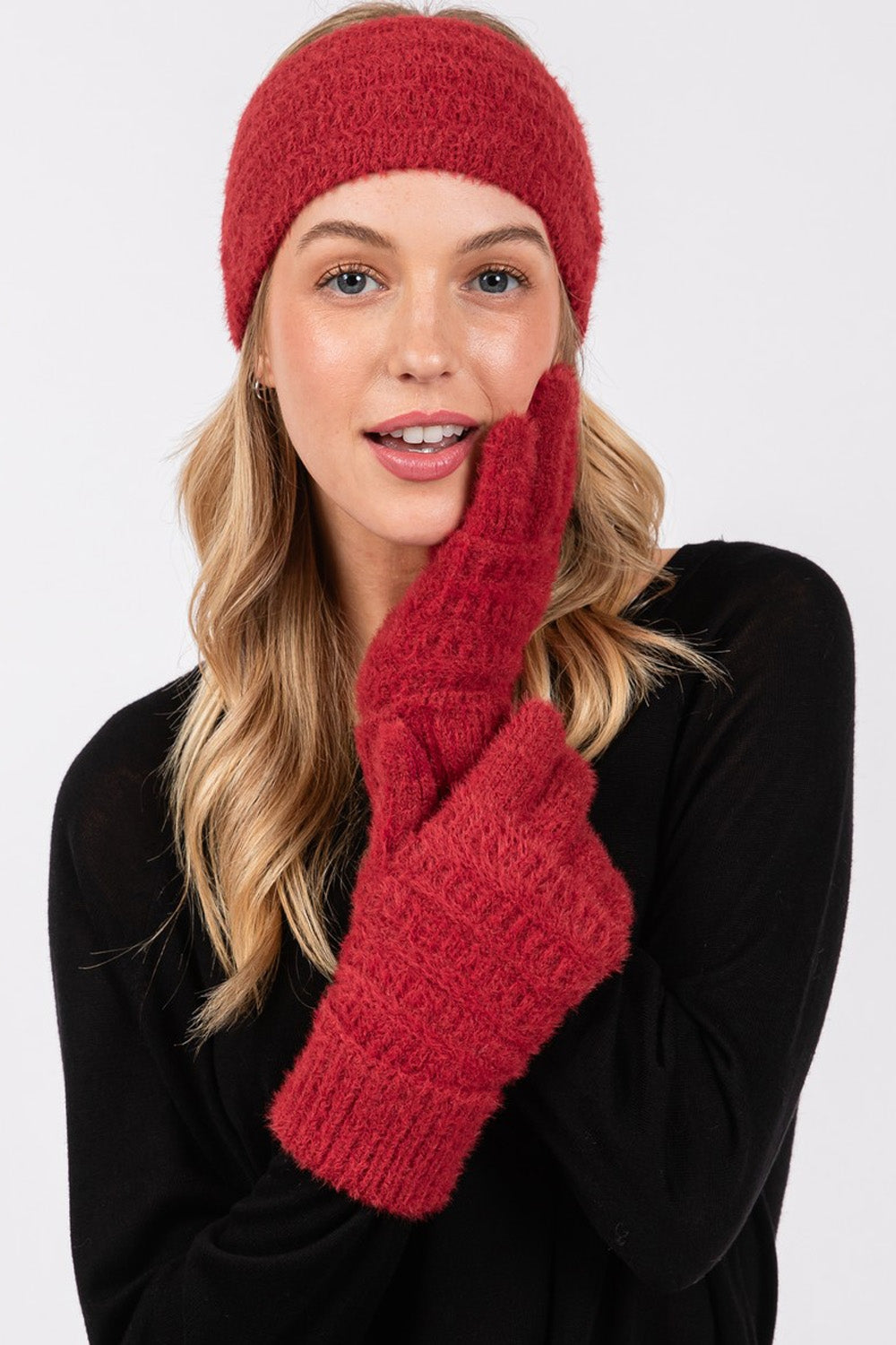 Burgundy Fuzzy Cable Knit Smart Touch Gloves - Set of Six
