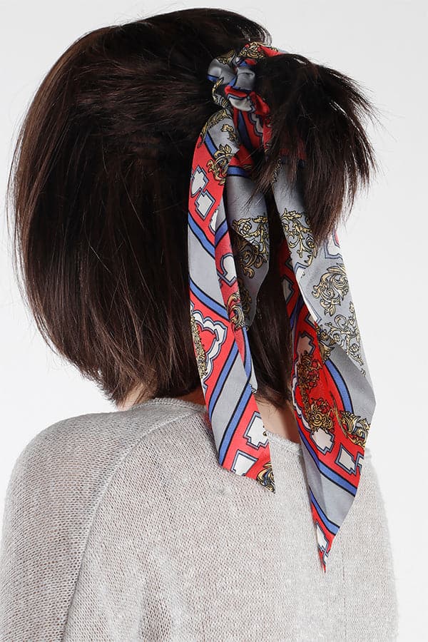 Pack of 6 Patterned Silk Scarf Scrunchies in Gray 255 Shade