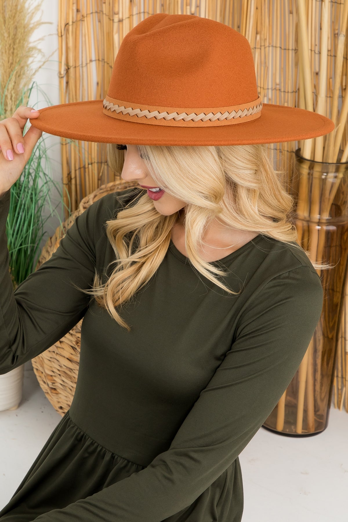 Fashionable Felt Brimmed Hat with Leather Braided Design in Camel Color - Pack of Six Pieces