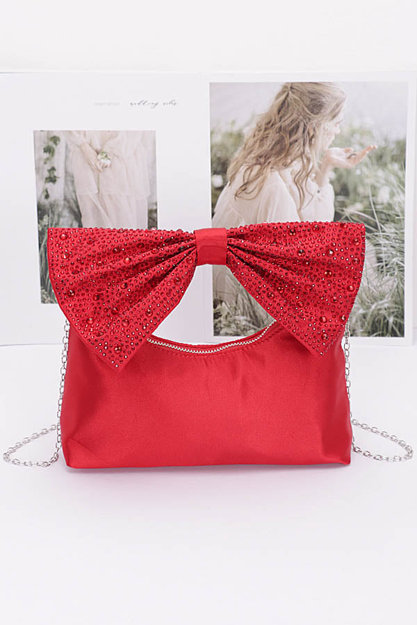 Set of 3 Stunning Red Rhinestone Hotfix Bow Handle Nylon Clutches