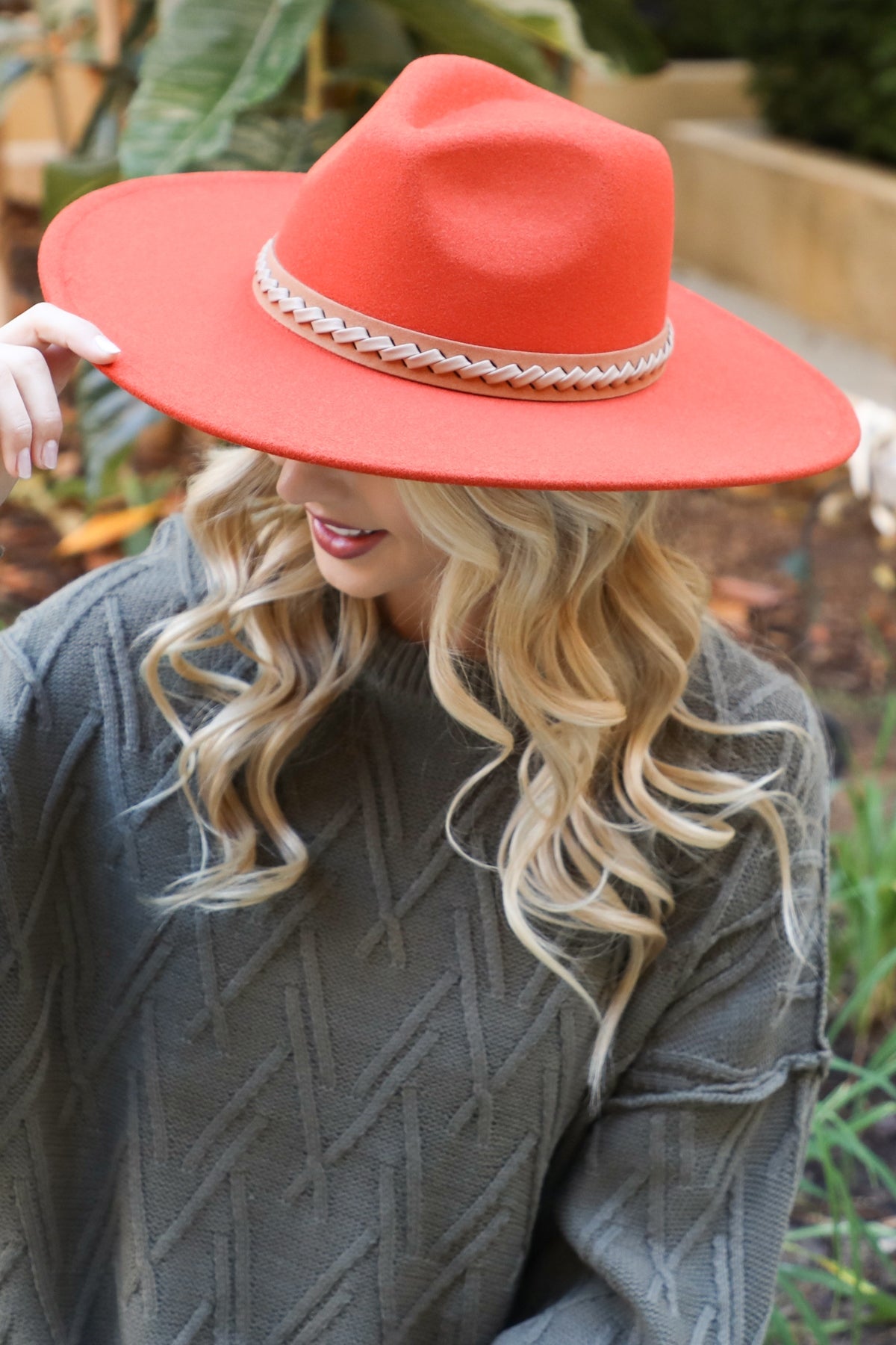 6-Pack Felt Fashion Hat with Leather Braided Trim and Wide Brim