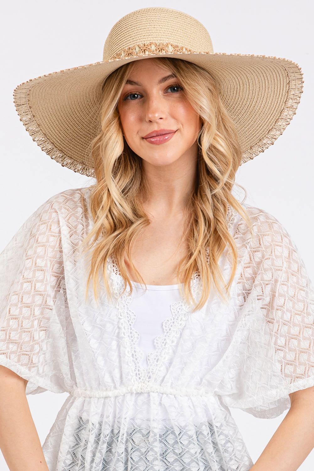 Beige Wide Brim Floppy Straw Hat with Edge and Woven Details - Pack of 6