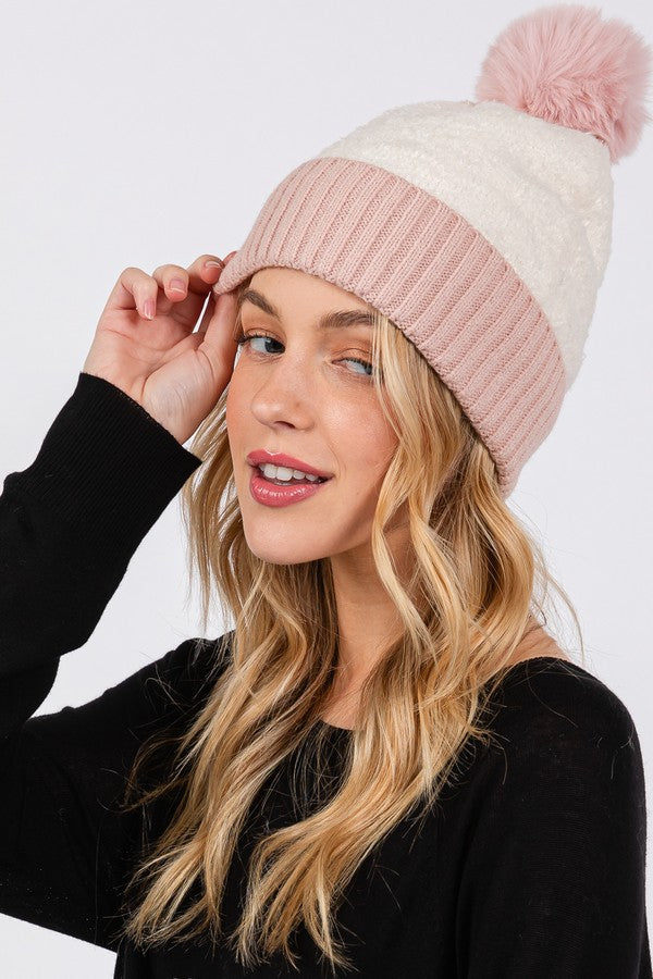 Set of 6 Taupe 5810 Two - Tone Fleeced Pom Pom Beanies