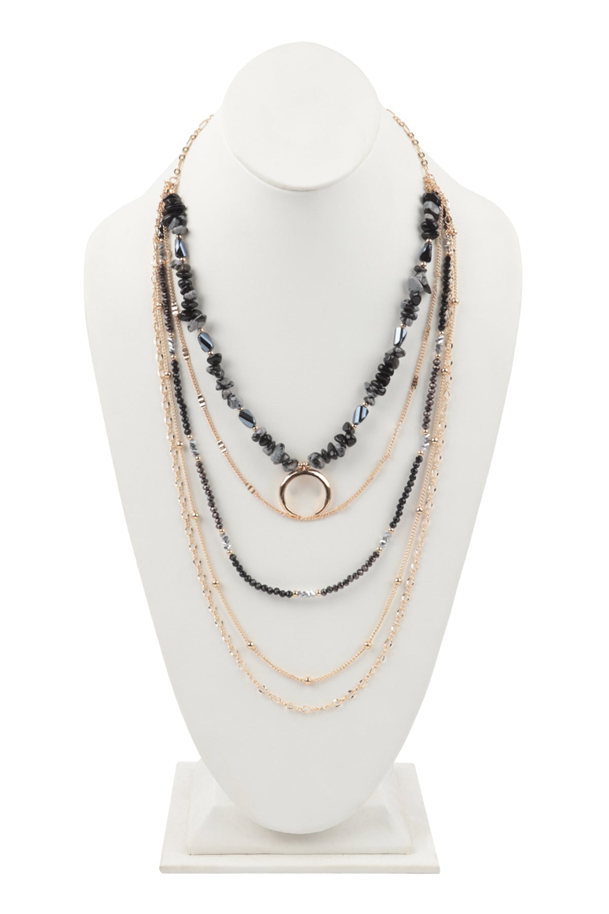 Layered Chain Necklace with Natural Stone Chip Mix Beads and Crescent Pendant in Black - Set of 6 Pieces