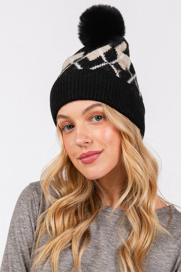 Set of 6 Wool - Blended Argyle Fleece Pom Pom Beanies in Black Color