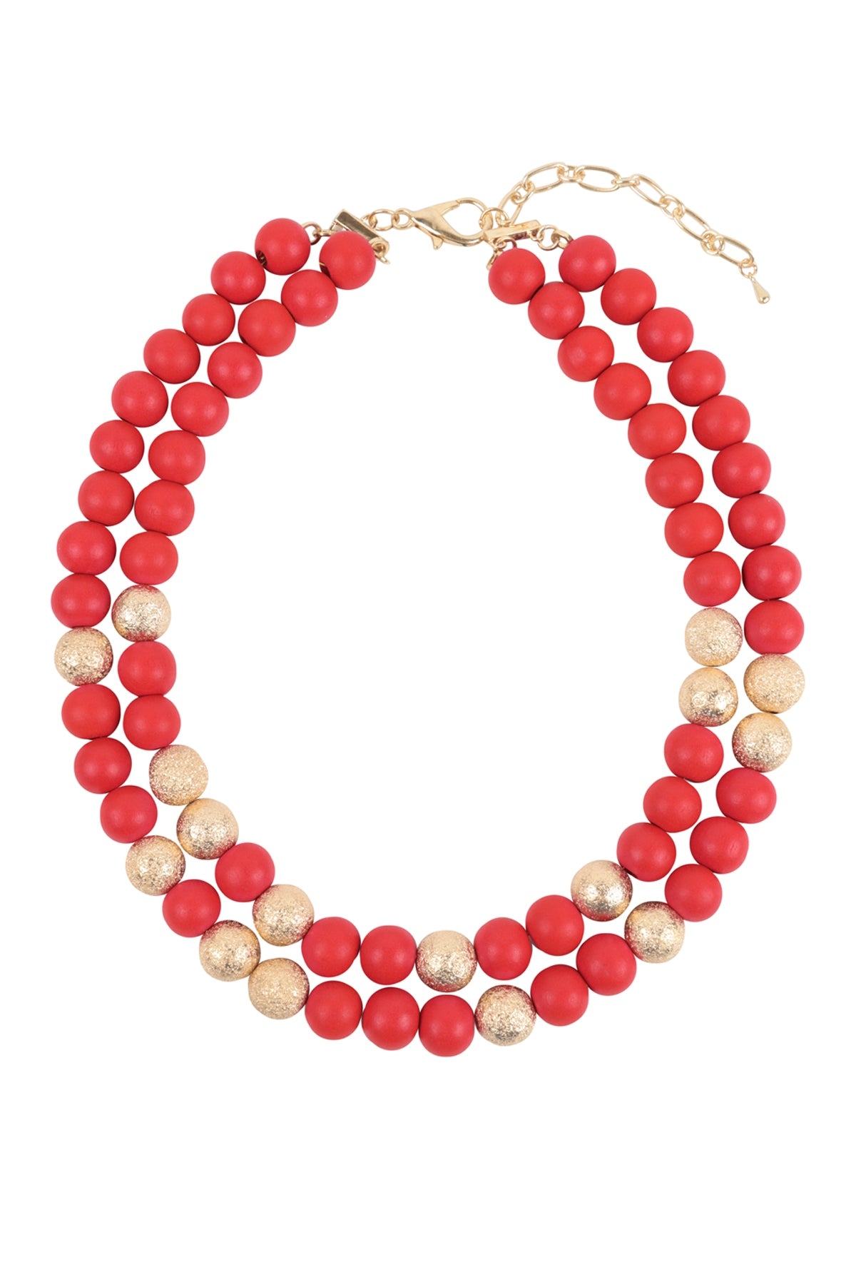 Set of 6 Red Beaded Necklaces Crafted from Wood and CCB with 2 Lines Design