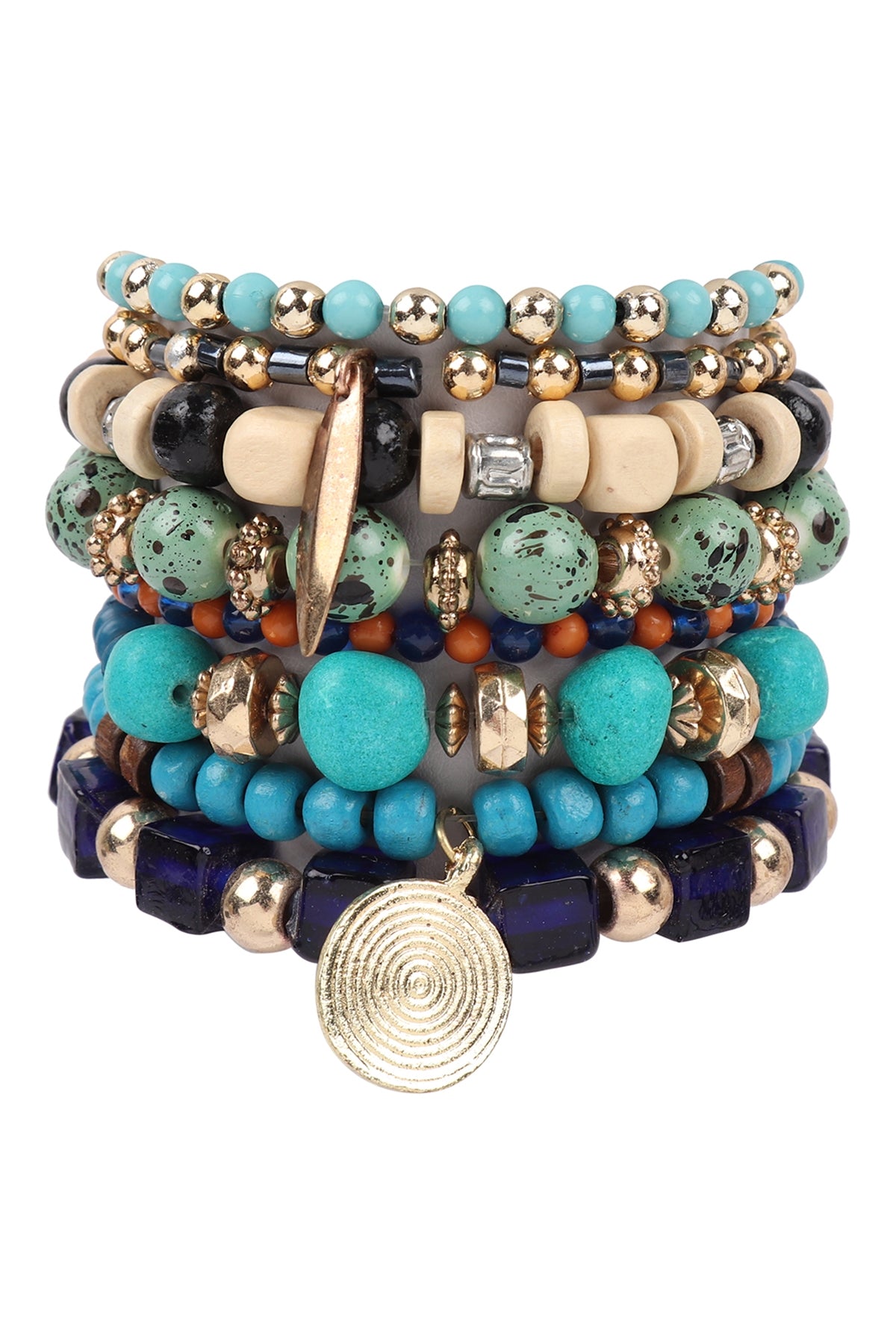 Gorgeous Gold and Blue Charm Mix Beads with Disk Pendant Bracelets - Set of 6 Pieces