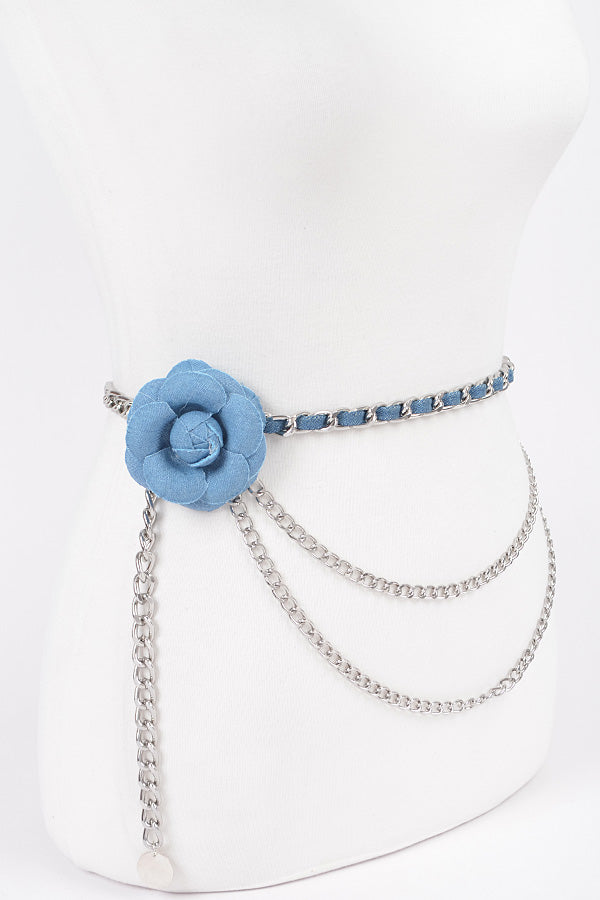 6 - Piece Set of Blue and Gold Flower Metal Double - Layered Chain Belts