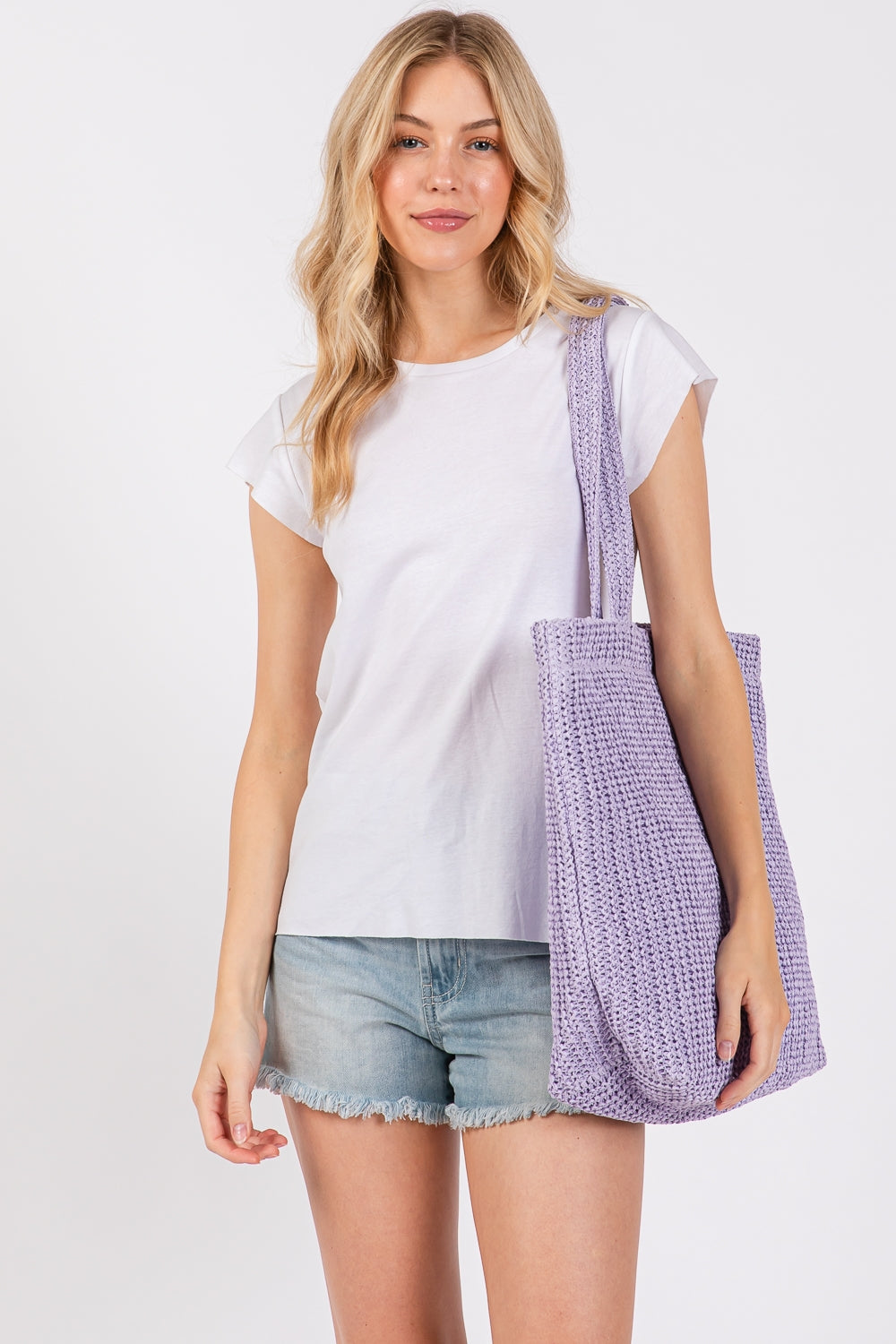 Purple Solid Crochet Straw Handbag with Zipper Closure and Inner Pocket - Set of 6