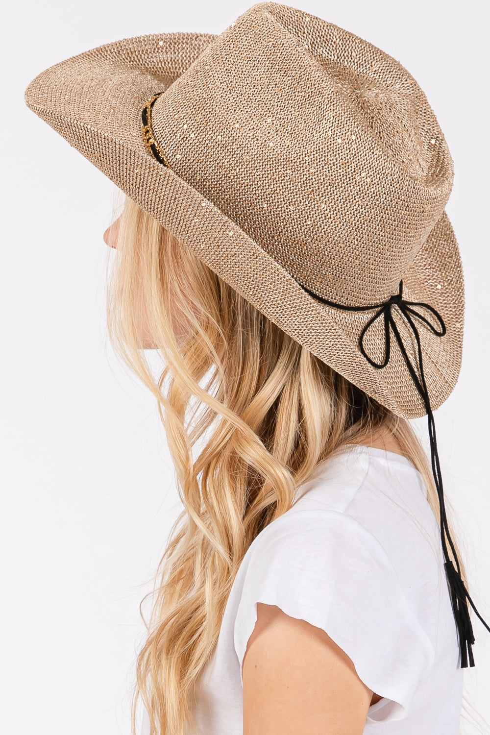 Pack of 6 Taupe Sequin Cowboy Hats with Metal Chain and Suede String Band