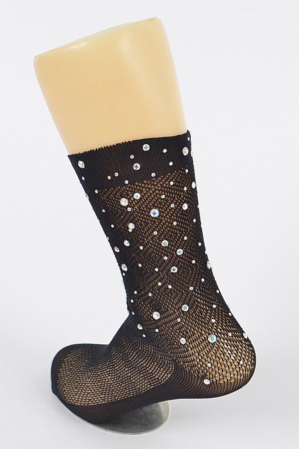 Set of 6 Black Rhinestone Mesh Socks - Style 9738