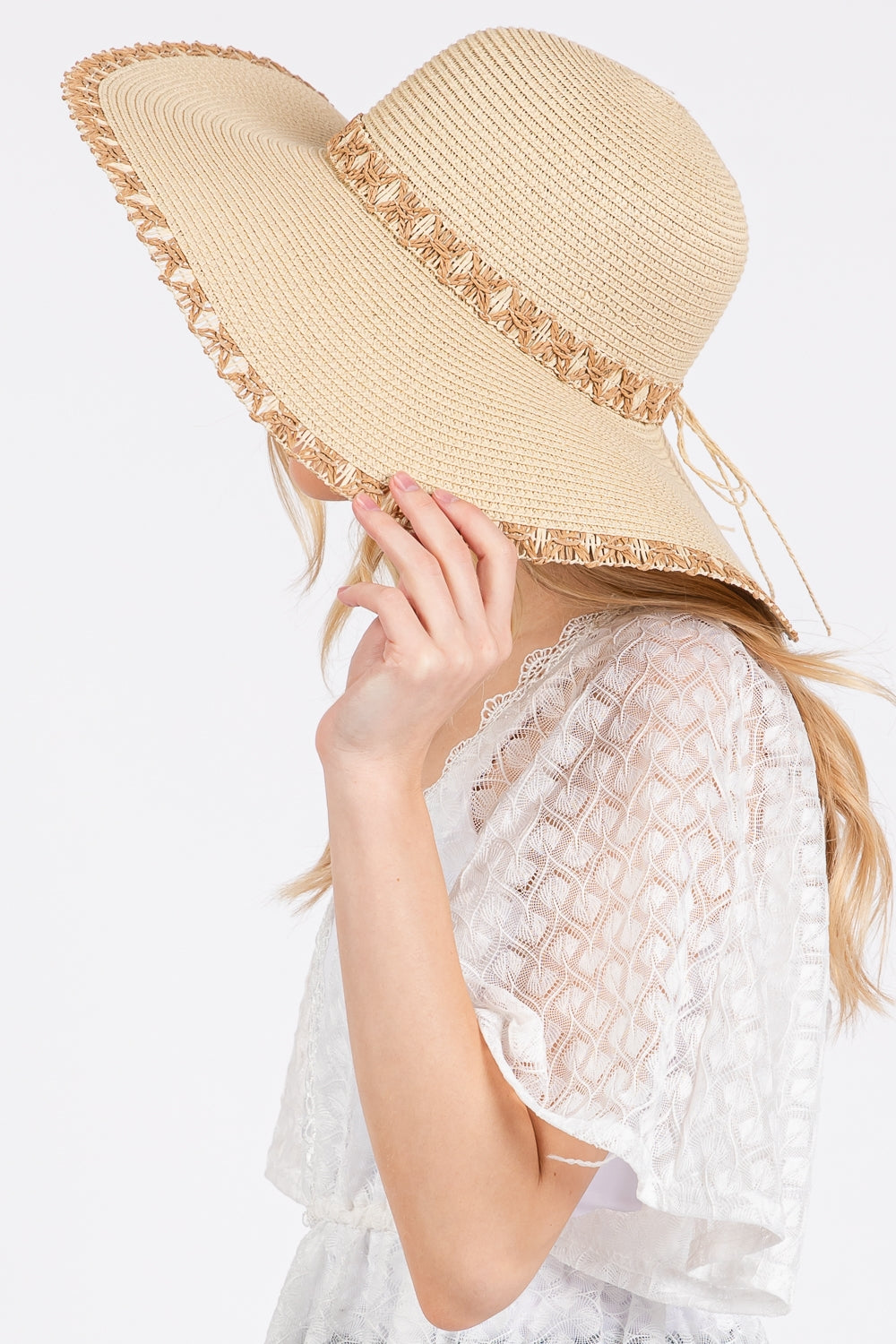 Beige Wide Brim Floppy Straw Hat with Edge and Woven Details - Pack of 6