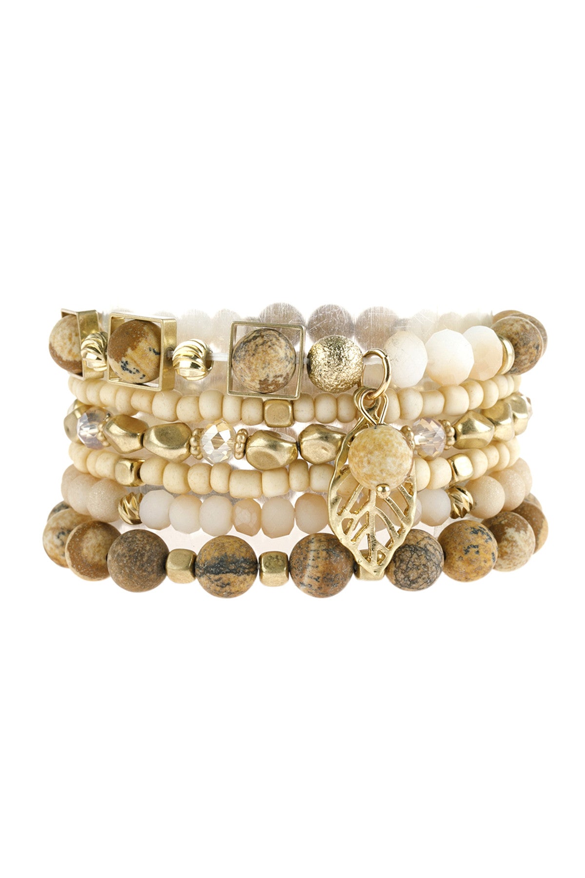 Pack of 6 Light Brown Natural Stone and Acrylic Bead Mixed Leaf Charm Stretch Bracelets
