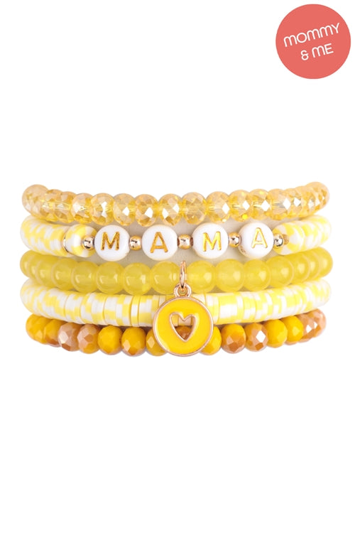 Yellow Mama & Me FIMO Glass Beads Stackable Bracelet Set with Heart Pendant - Pack of 12