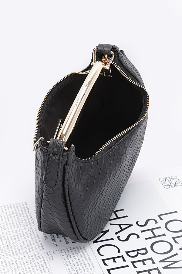 Set of 3 Embossed Faux Leather Bags with Metal Handles in Black