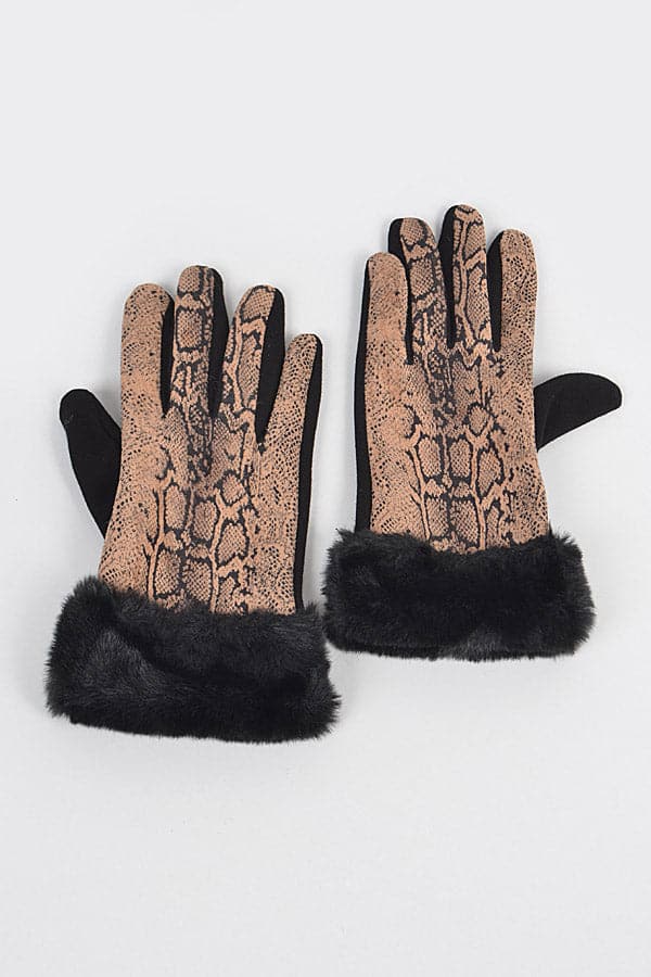 Beige Snake Print Gloves with Faux Fur - Pack of 6