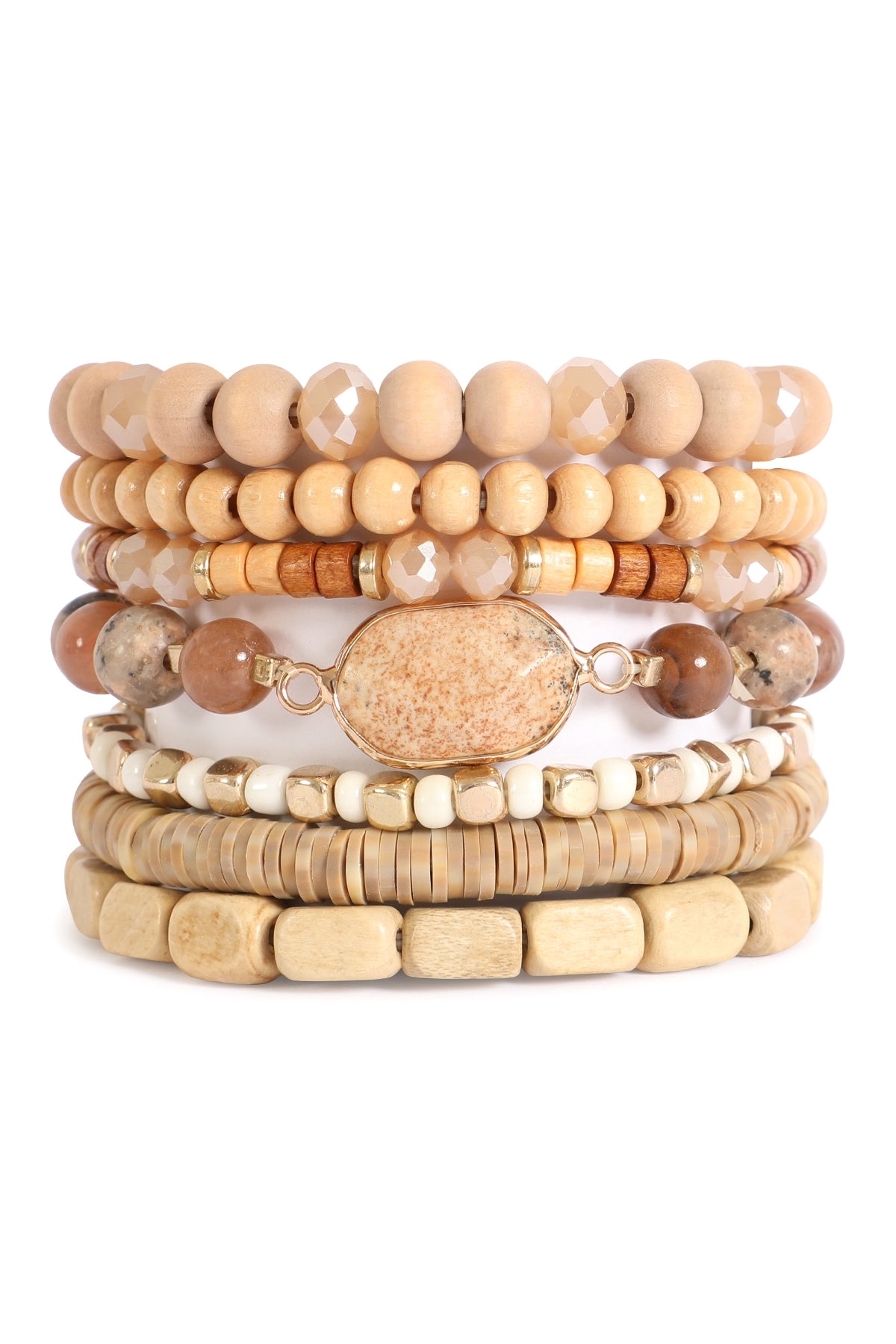 Stackable Bracelet Set of 6 with a Mix of Charm Layered Wood, FIMO, and Rondelle Beads in Brown Color