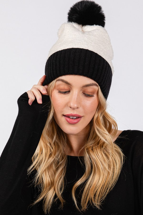 Set of 6 Black 5810 Two - Tone Fleeced Pom Pom Beanies
