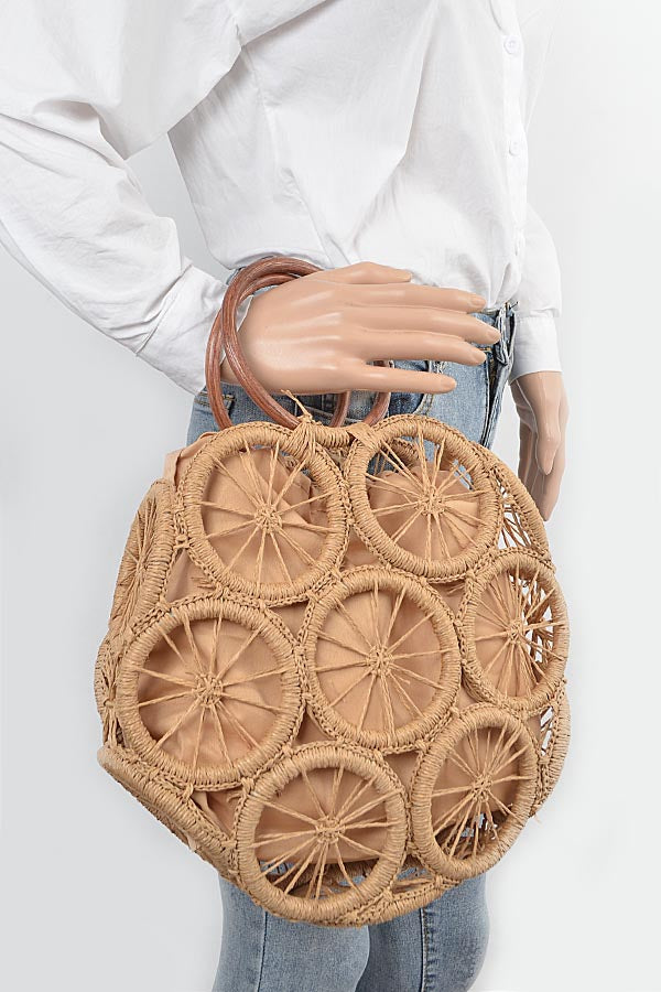 Set of 3 Elegant 1801 White Faux Straw Round Tote Bags