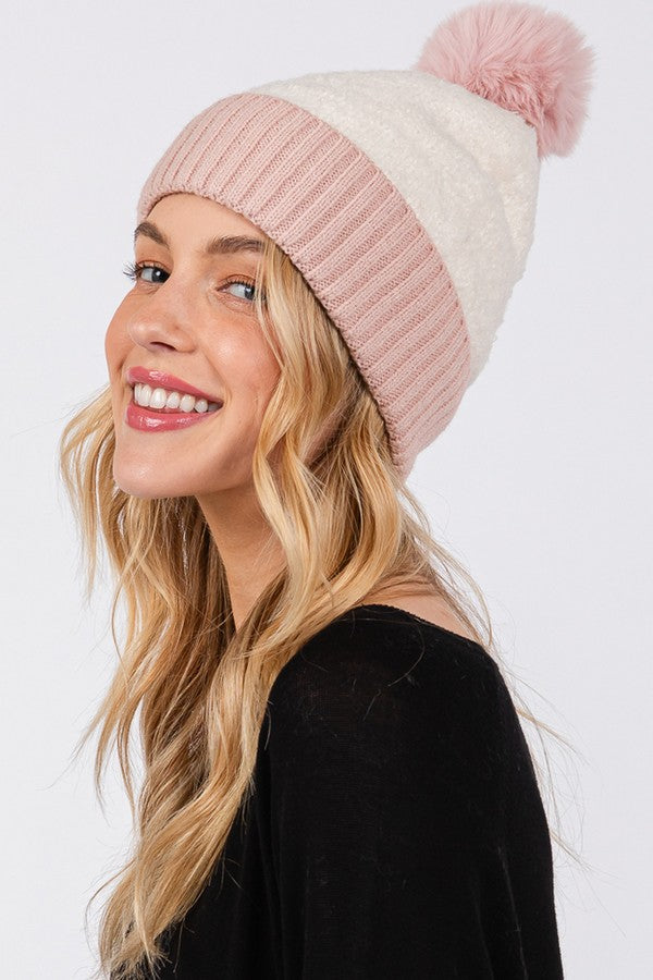 6-Piece Set of 5810 Pink Two-Tone Fleeced Pom Pom Beanies
