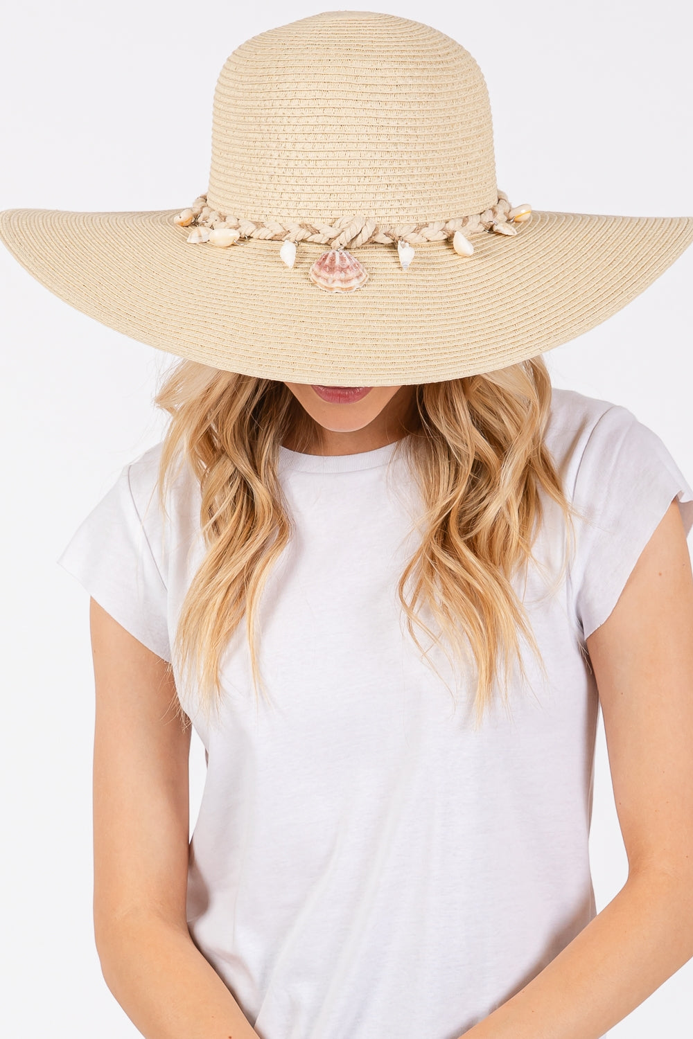 Beige Wide-Brim Straw Sun Hat with Shell and Conch Braided Band - Set of 6
