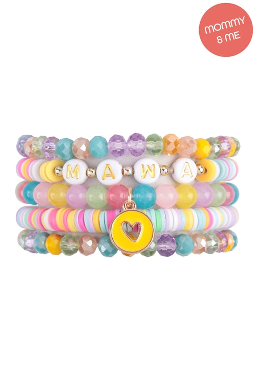 Stackable Bracelet Set of Mama & Me FIMO Glass Beads with Heart Pendant in Light Multicolor - Pack of 12 Pieces