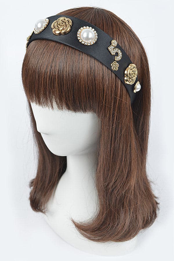 Set of 6 Black 4112 Plastic Hairbands with Imitation Gemstones