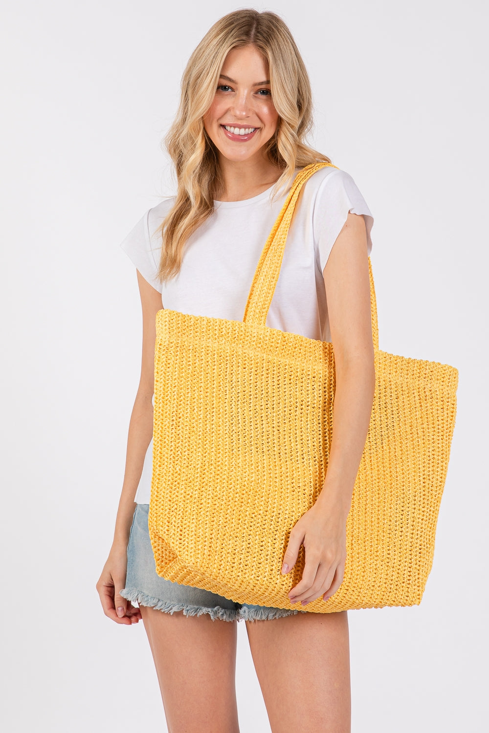 Set of 6 Yellow Solid Crochet Straw Bags with Zipper Closure and Inner Pocket for Daily Use