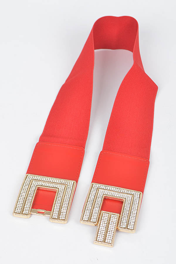 Set of 6 Red Rhinestone Buckles Elastic Belts - 4468