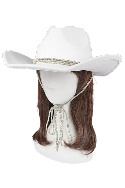 Set of 6 Faux Wool Rhinestone Strap Cowboy Hats in White - Style 9671