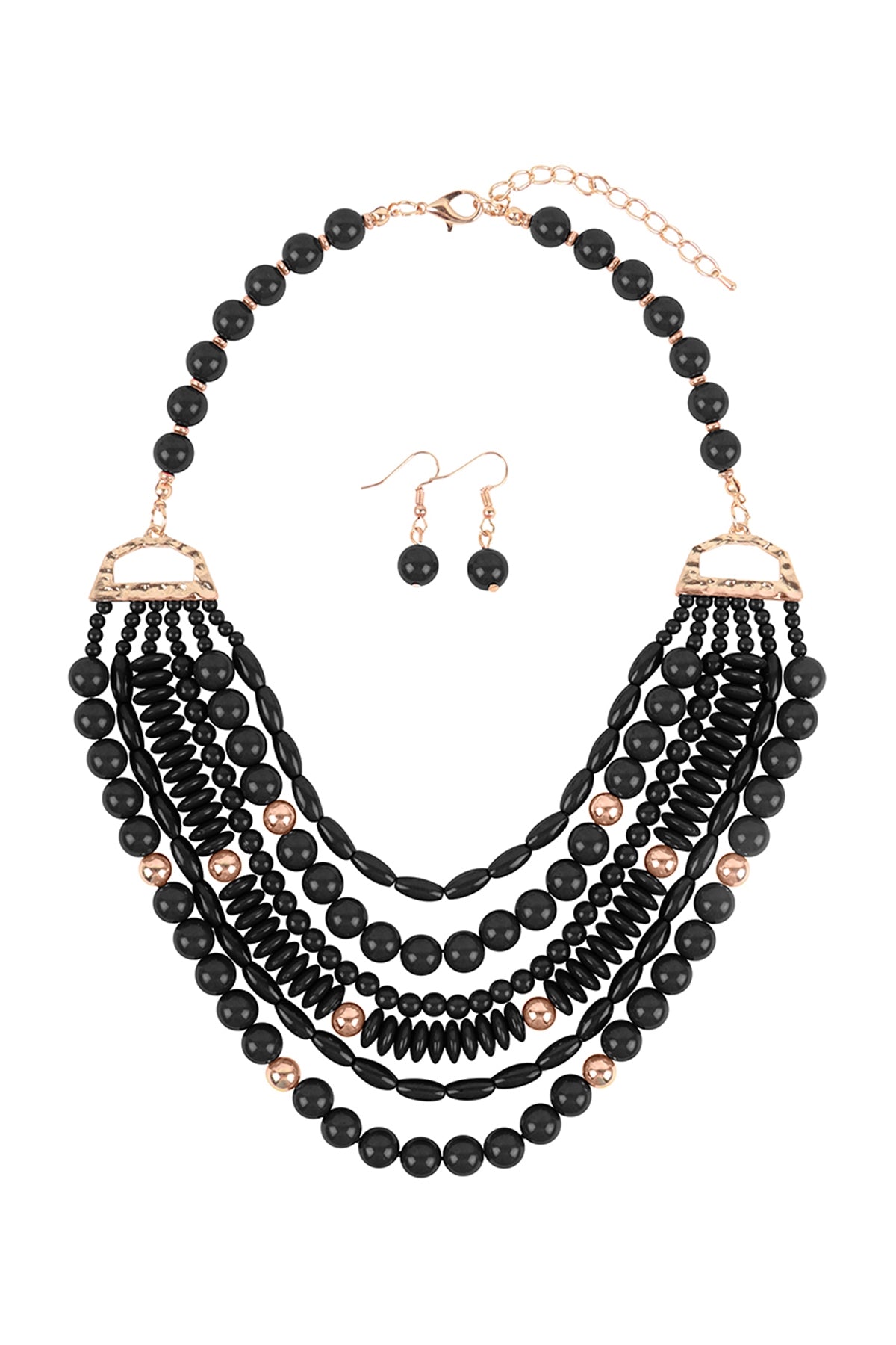 Black Bohemian Layered Bib Necklace and Earrings Set - Pack of 6