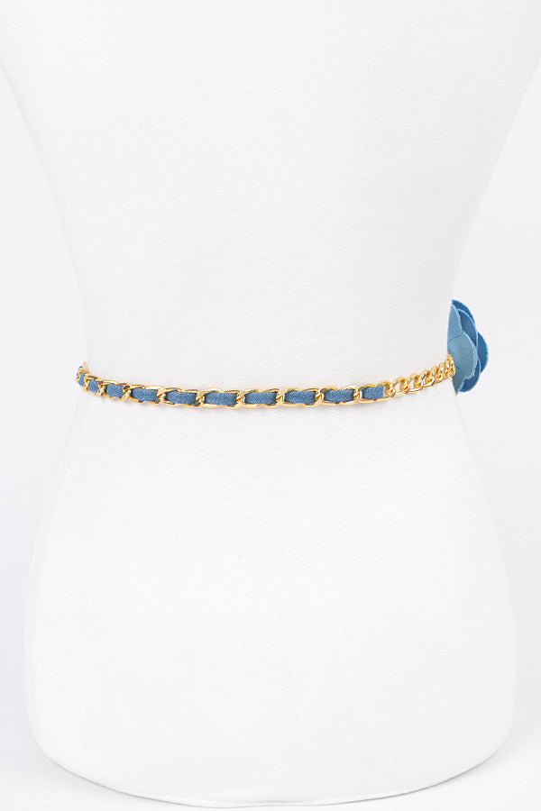 6 - Piece Set of Blue and Gold Flower Metal Double - Layered Chain Belts