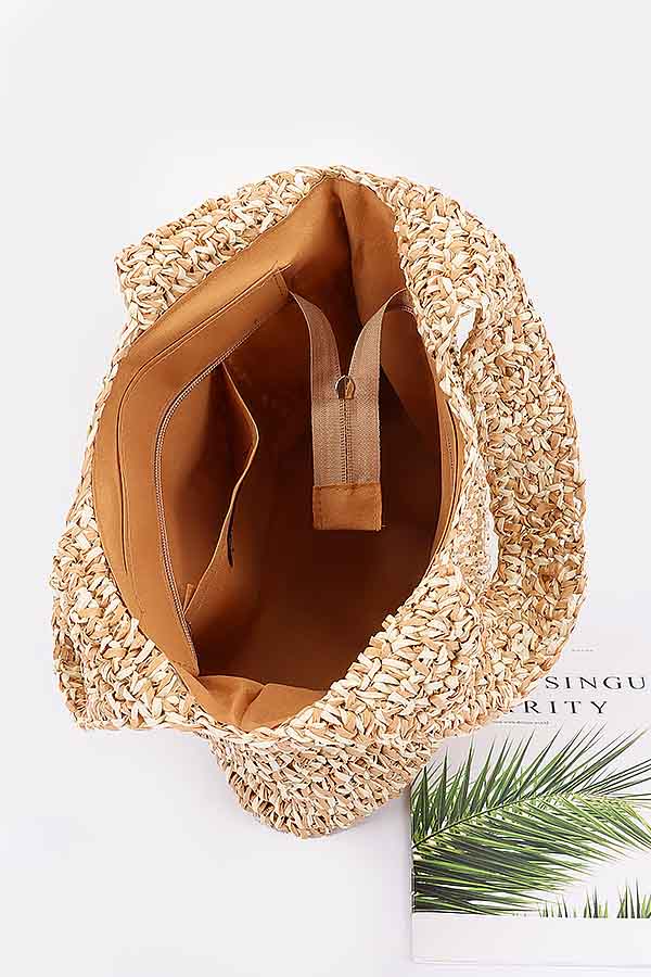 2056 Pack of 3 Khaki Two - Tone Faux Straw Bags