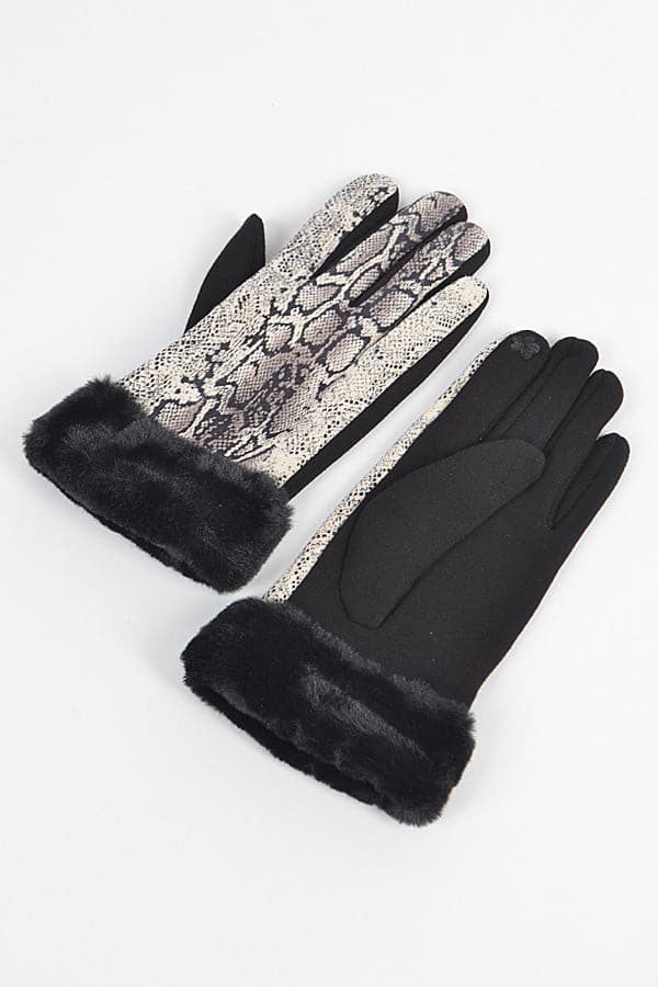 Beige Snake Print Gloves with Faux Fur - Pack of 6