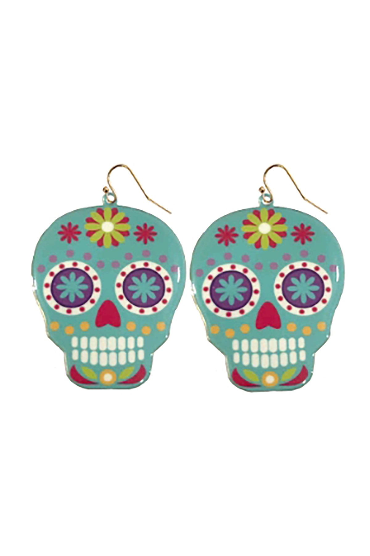 Pack of 6 Turquoise Halloween-themed Sugar Skull Dangle Fish Hook Style Earrings