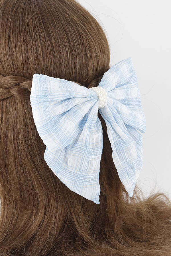 Set of 6 Plaid Pearl Ribbon Hair Clips in Pink 9668