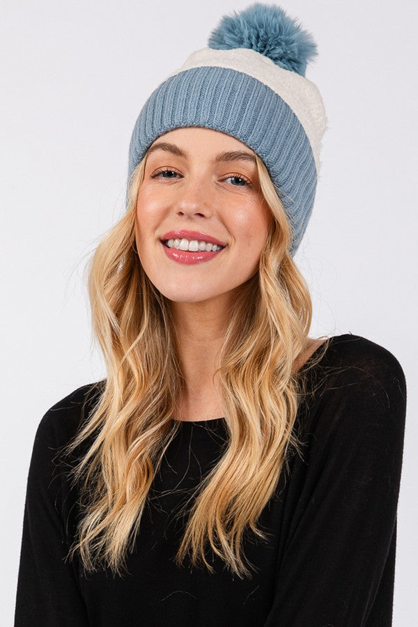 Set of 6 Dusty Blue 5810 Two - Tone Fleeced Pom Pom Beanies