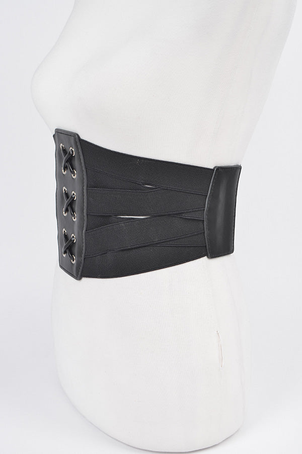 Black Faux Leather Corset Wide Elastic Belt - Pack of 6