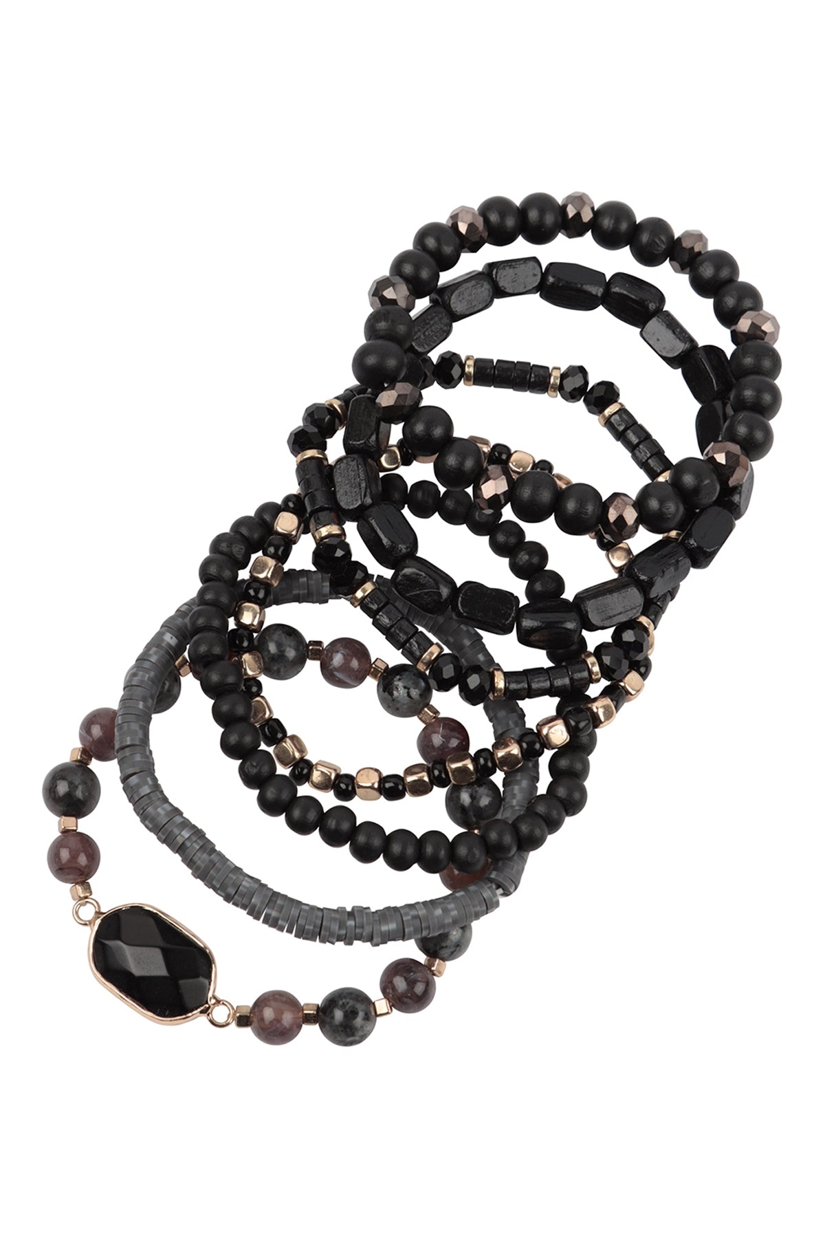 Stackable Black Bracelet Set of 6 with Charm Layered Wood, FIMO, Rondelle Mix Beads