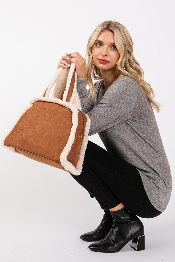 Brown Fleece Trimmed Solid Tote And Crossbody Bag - Pack of 3