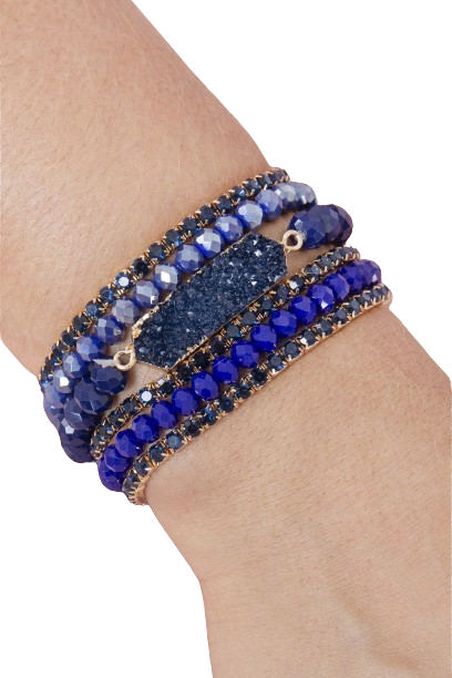Navy Blue Stackable Bracelet Set of 6 with a Mix of Druzy, Rhinestone, and Rondelle Beads