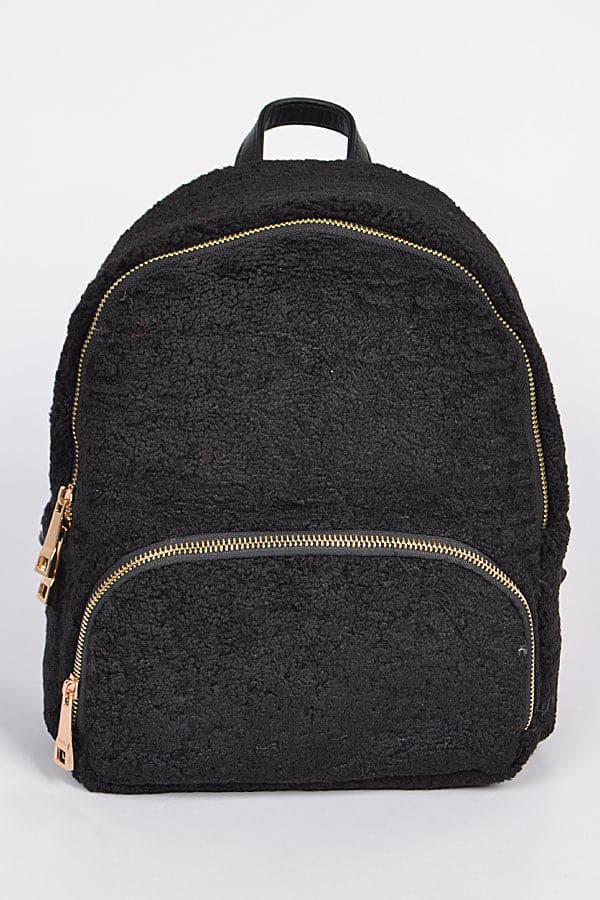 Black Faux Wool Sheepskin Backpack - Set of 3