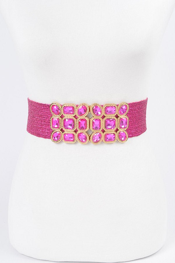 Pack of 6 Multi - Stone Metallic Straw Stretch Belts in Fuchsia Color 4578